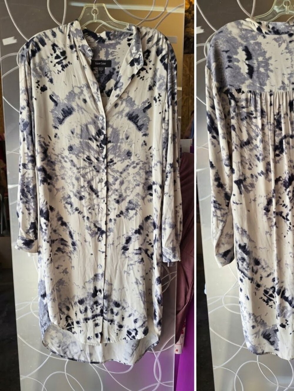 Karen Kane Sz small button up LS tie dye look dress white and grey